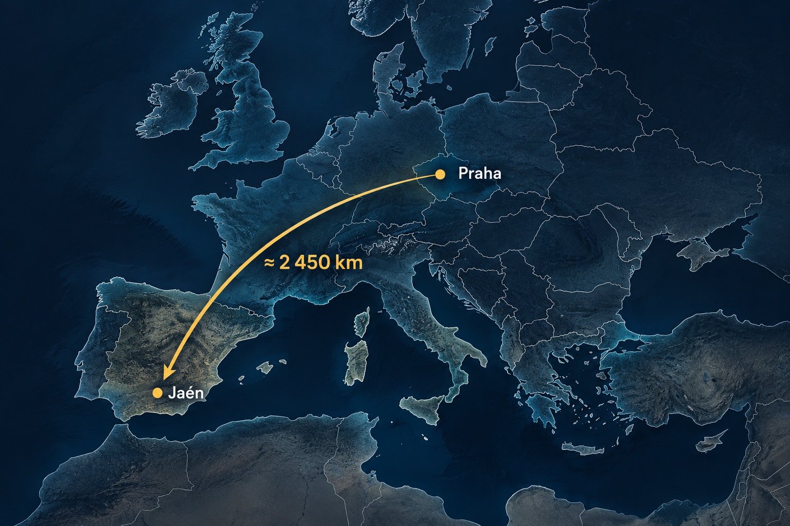 Mapa Evropy s vyznačenou trasou Praha–Jaén